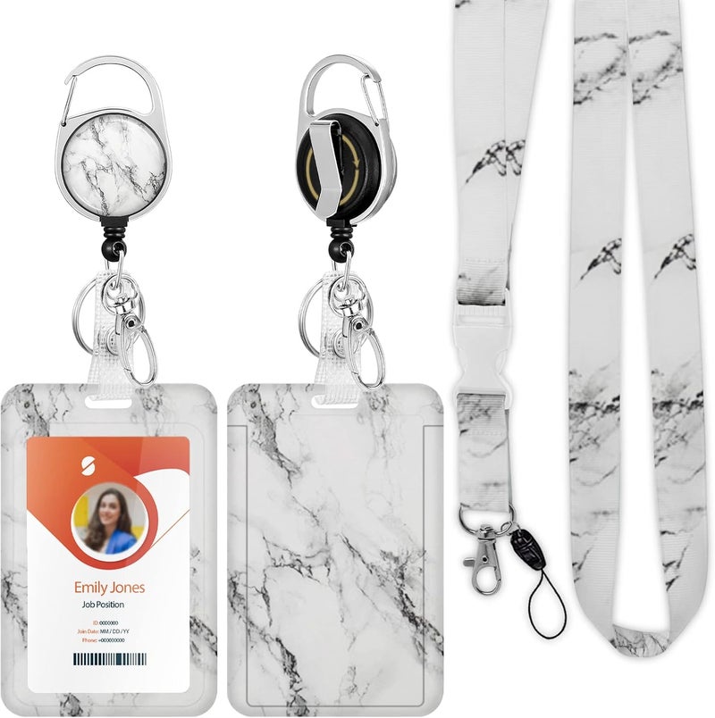 Boutilon ID Badge Holder with Lanyard,Retractable ID Badge Card Holders Detachable Neck Lanyard Strap with Badge Reel and Vertical ID Holder for Nurse Students Teachers Office Staff(Marble White) - Image 1